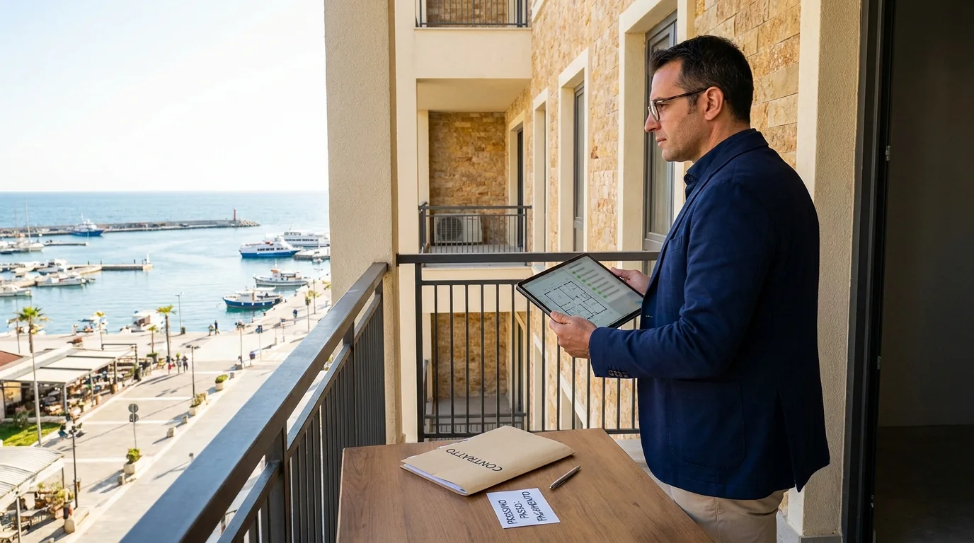 Investitore sul balcone di un appartamento a Durazzo controlla planimetria e contratto