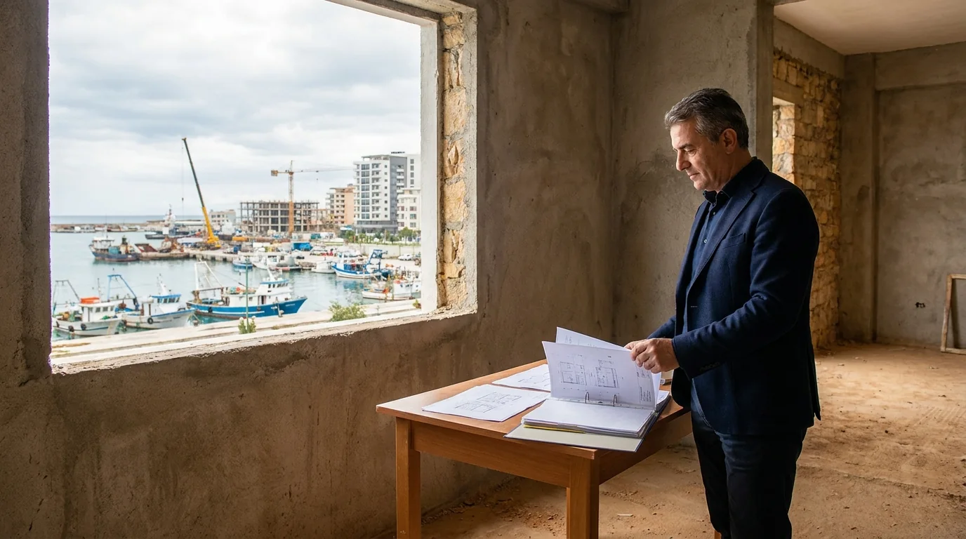Investitore confronta la vista sulla marina di Durazzo con il contratto dell’appartamento