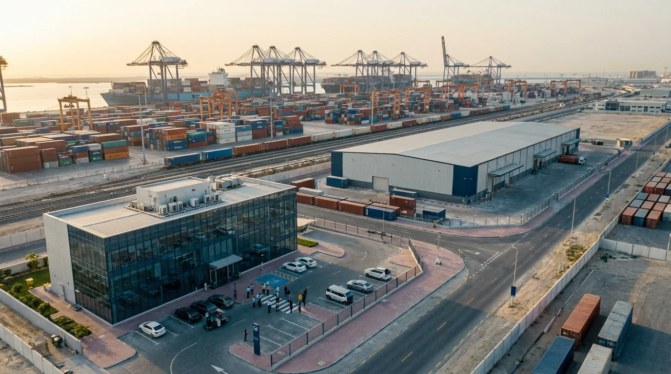 Ecosistema logistico di una free zone di Dubai tra porto, magazzini e uffici
