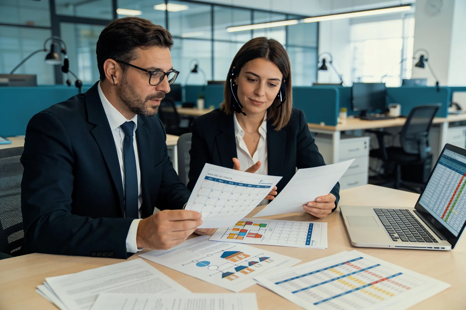 Due consulenti verificano calendario e documenti prima del trasferimento in Albania